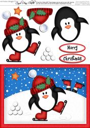 A5 Xmas Skating Penguin Quick Card N 3D Decoupage