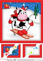 8 x 8 Xmas Skiing Milly Moo Cow Scalloped Corner Topper