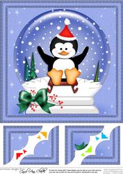 8 x 8 Xmas Sledging Penguin Snowglobe Scalloped Corner