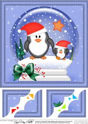 8 x 8 Xmas Penguins Snowglobe Scalloped Corner