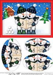 A5 Xmas Carol Singing Snowmen Oval Pyramage Topper