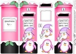 Xmas Cute Penguins Postbox Shaped Card N 3D Decoupage