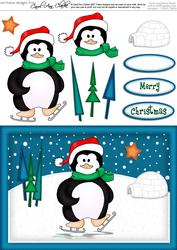 A5 Xmas Skating Penguin Quick Card N 3D Decoupage
