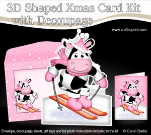 Xmas Skiing Milly Moo Cow Shaped Card with Decoupage