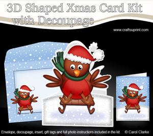 Xmas Sledging Robin Shaped Card with Decoupage
