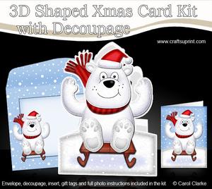 3D Xmas Sledging Polar Bear Shaped Card with Decoupage