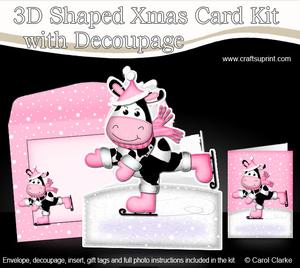 3D Xmas Skating Milly Moo Cow Shaped Card with Decoupage
