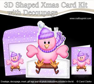 3D Xmas Sledging Little Birdie Shaped Card with Decoupage