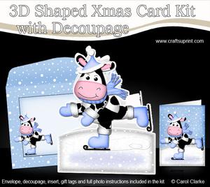3D Xmas Skating Milly Moo Cow Shaped Card with Decoupage