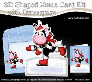 3D Xmas Skating Milly Moo Cow Shaped Card with Decoupage