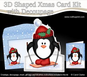 3D Xmas Skiing Penguin Present Shaped Card with Decoupage