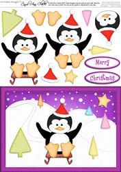A5 Xmas Sledging Penguin Quick Card N 3D Decoupage