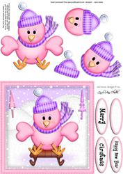 Xmas Sledging Little Birdie Quick Card N 3D Decoupage