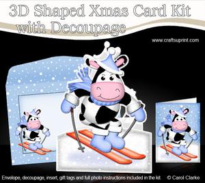 3D Xmas Skiing Milly Moo Cow Shaped Card with Decoupage