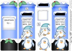 Xmas Penguins Postbox Shaped Card N 3D Decoupage