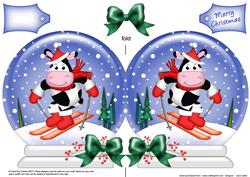 Xmas Skiing Milly Moo Cow Snow Globe Shaped Card