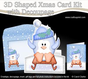 3D Xmas Sledging Penguin Shaped Card with Decoupage