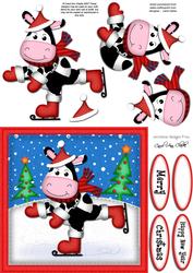 Xmas Skating Milly Moo Cow Quick Card N 3D Decoupage