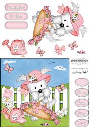 Westie Dog's Bonnet & Basket Quick Card & 3D Decoupage