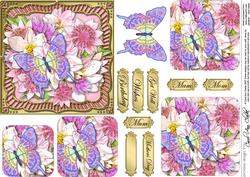 Flowers & Butterfly Round Edged Pyramage & Decoupage