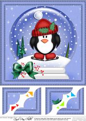 8 x 8 Xmas Skating Penguin Snowglobe Scalloped Corner