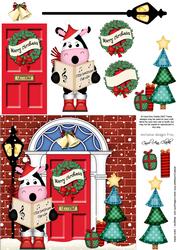 Singing Mily Moo Cow Christmas Door Quick Card 3D Decoupage