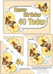 5x7 40th Birthday Butterflies & Flowers Scallop Corner