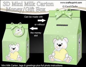 3D New Baby Teddy Milk Carton Money or Treat Box Mini Kit
