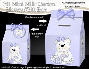 3D New Baby Teddy Milk Carton Money or Treat Box Mini Kit