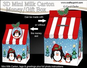 3D Xmas Penguins Milk Carton Money or Treat Box Mini Kit