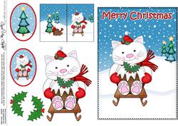Christmas Sledging Little Cat 5x7 3D Decoupage