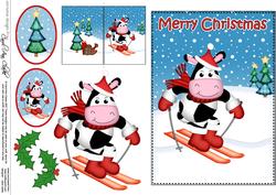 Christmas Skiing Milly Moo Cow 5x7 3D Decoupage
