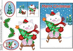 Christmas Sledging Little Cat 5x7 3D Decoupage