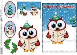 Christmas Carol Singing Little Hoot Owl 5x7 3D Decoupage