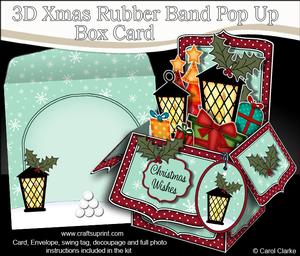 3D Xmas Lantern & Pointsettia Rubber Band Pop Up Box Card