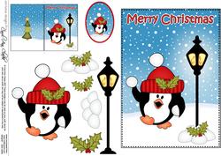 Christmas Snowballing Penguin Lamp Post 5x7 3D Decoupage