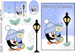 Christmas Stocking Penguin Lamp Post 5x7 3D Decoupage