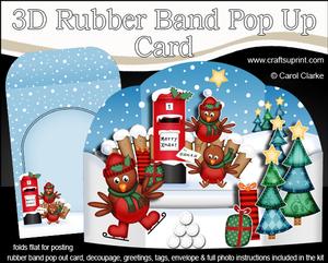 3D Xmas Robins Rubber Band Pop Up Scene Card