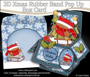 3D Xmas Sledging Bobbin Robin Rubber Band Pop Up Box Card