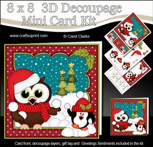 8x8 Xmas Little Hoot Owl Snowball Fight 3D Decoupage