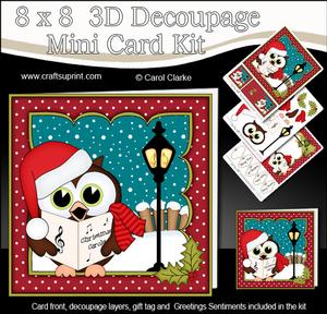 8x8 Xmas Carol Singing Little Hoot Owl 3D Decoupage