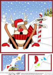 8 x 8 Christmas Skiing Oops Rudolph Scalloped Corner Topper