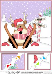 8 x 8 Christmas Skiing Oops Rudolph Scalloped Corner Topper