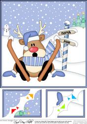 8 x 8 Christmas Skiing Oops Rudolph Scalloped Corner Topper