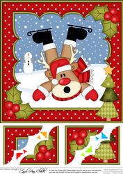 8 x 8 Christmas Oops Skating Rudolph Scalloped Corner Topper