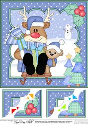8 x 8 Christmas Sledging Rudolph Scalloped Corner Topper