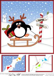 8 x 8 Christmas Sledging Pip Penguin Scalloped Corner Topper