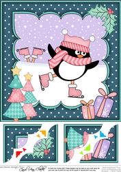 8x8 Xmas Skating Pip Penguin Scalloped Corner Topper