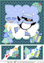 8x8 Xmas Skating Pip Penguin Scalloped Corner Topper