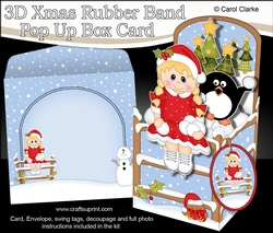 3D Christmas Rubber Band Pop Up Box Card - Cute Little Skating Girl has a Snowball fight